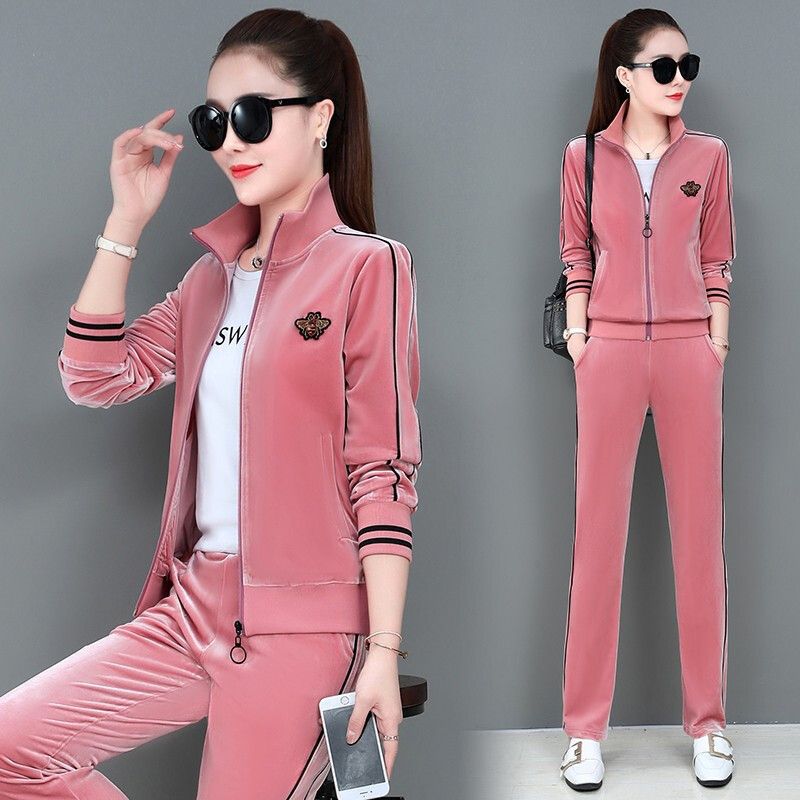 杰思菲雨春秋季新款金丝绒运动套装女春秋装三件套时尚卫衣外套