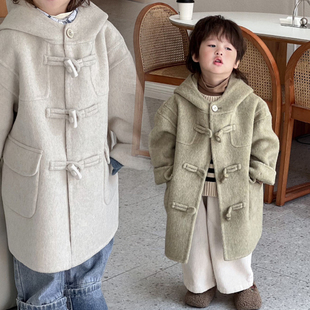 韩国童装男女童百分百双面羊绒大衣连帽中长款韩系中大童呢外套