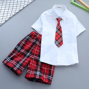 男童女童格子套装新款幼儿园园服中裤中小学生夏季班服毕业照衬衫