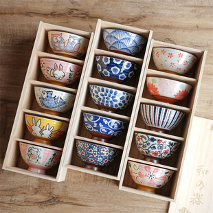 日本进口美浓烧米饭碗礼盒高颜值釉下彩陶瓷高脚碗餐具送礼套装