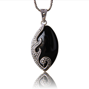 Hong Thai Silver 925 sterling silver natural black agate silver pendant silver-black old silversmiths hand Bangkok gems female Swan pendant