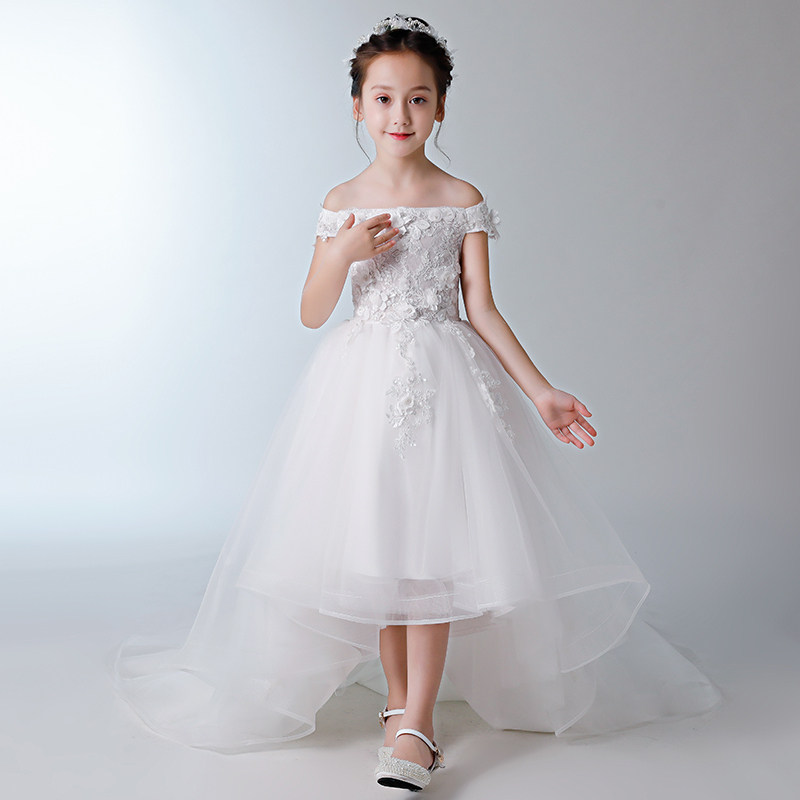 儿童礼服公主裙女童生日拖尾超长女孩走秀花童钢琴演出服高端白色