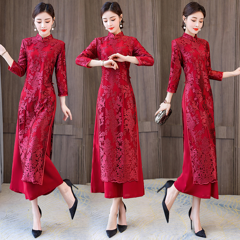 PF19359# 婚礼妈妈礼服改良版奥戴蕾丝旗袍2024新款春秋喜婆婆婚宴装连衣裙女裝貨源服裝批發