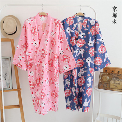 日本供 樱花玉兔女士纯棉纱布和服睡袍浴袍睡裙睡衣家