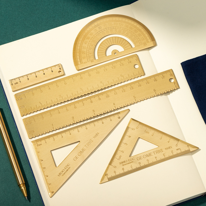 复古黄铜金属尺子套装三角尺半圆量角器直尺私人定制礼品文具