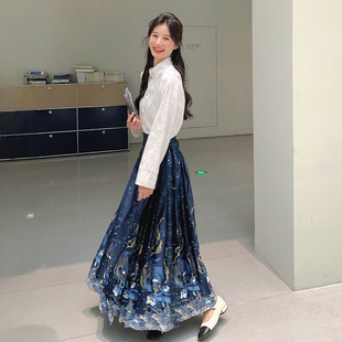 蓝色新中式国风气质套装裙女2024年春秋季新款马面裙白衬衫两件套