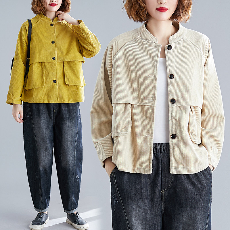 大码女装秋冬复古立领长袖条绒上衣宽松显瘦百搭灯芯绒短款外套潮