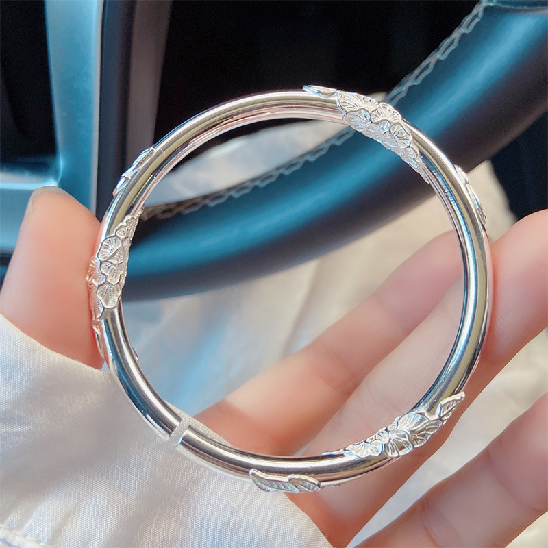 金町银手镯女纯银年轻款9999足银实心花丝玉叶繁花开口镯子正品