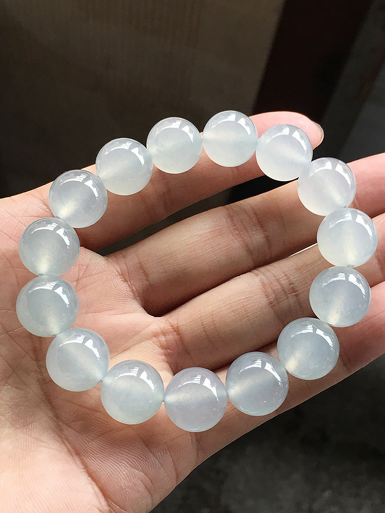 翡翠冰种纯净珠子手链卡14mma货老坑种冰透均匀大珠珠链珠串男款