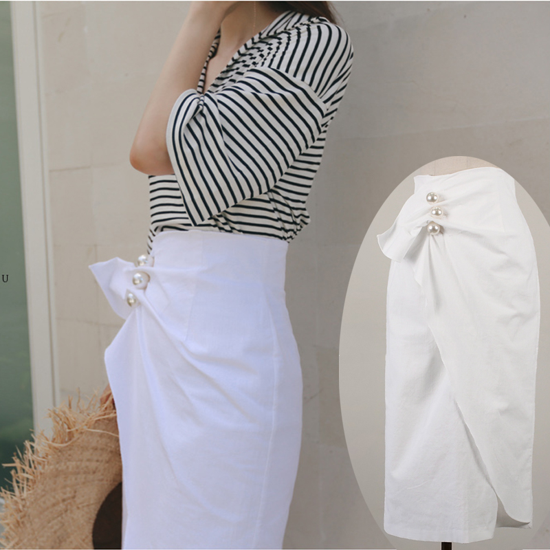 珍珠半身裙女白高腰2023夏季新款纯色包臀显瘦一步不规则中长裙潮