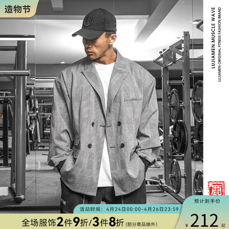 鹿家门春季千鸟格潮流大码西装外套男复古休闲新款个性短款上衣男