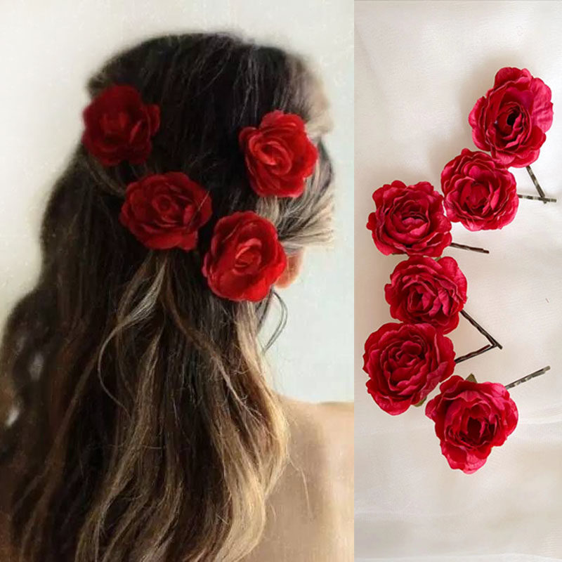 2021年新款红色玫瑰花朵头饰盘发头花发夹新娘发饰品回门敬酒配饰