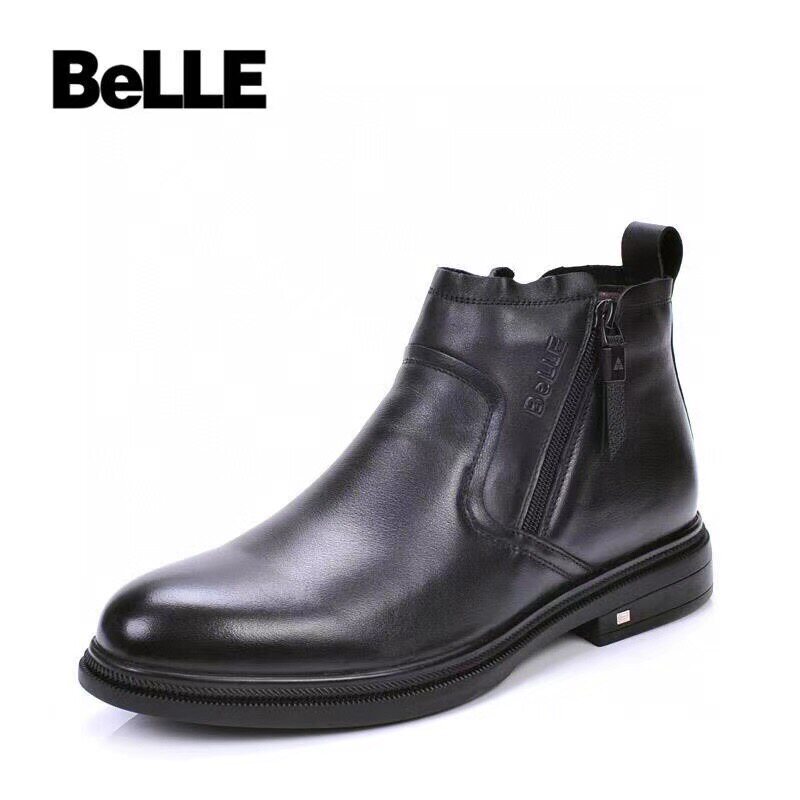 belle百丽男鞋2020冬新款时尚商务休闲真皮男棉鞋高帮短靴羊毛里