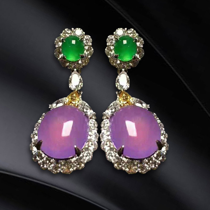 世家翡翠缅甸老坑a货冰种紫罗兰粉紫蛋面耳环18k金国检证书精品