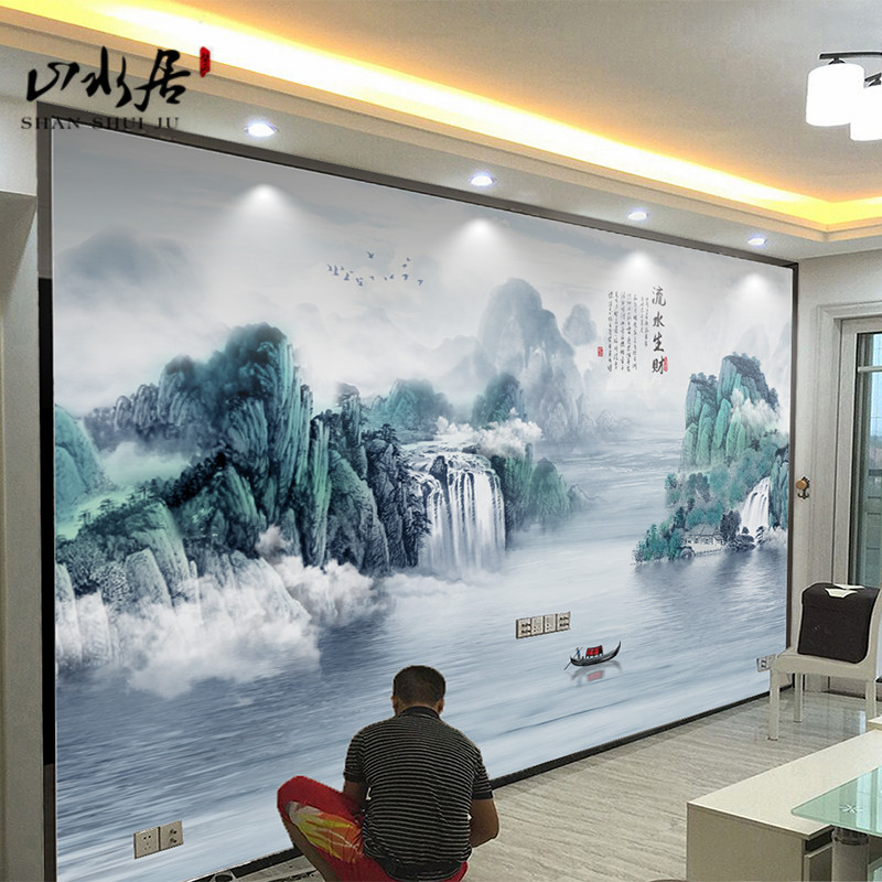 家用现代中式电视背景墙壁纸8d山水画风景5d壁画客厅大气影视墙布