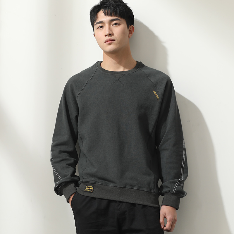 秋冬运动潮牌圆领套头卫衣男无帽薄款外套胖子大码宽松纯色长袖潮-mc