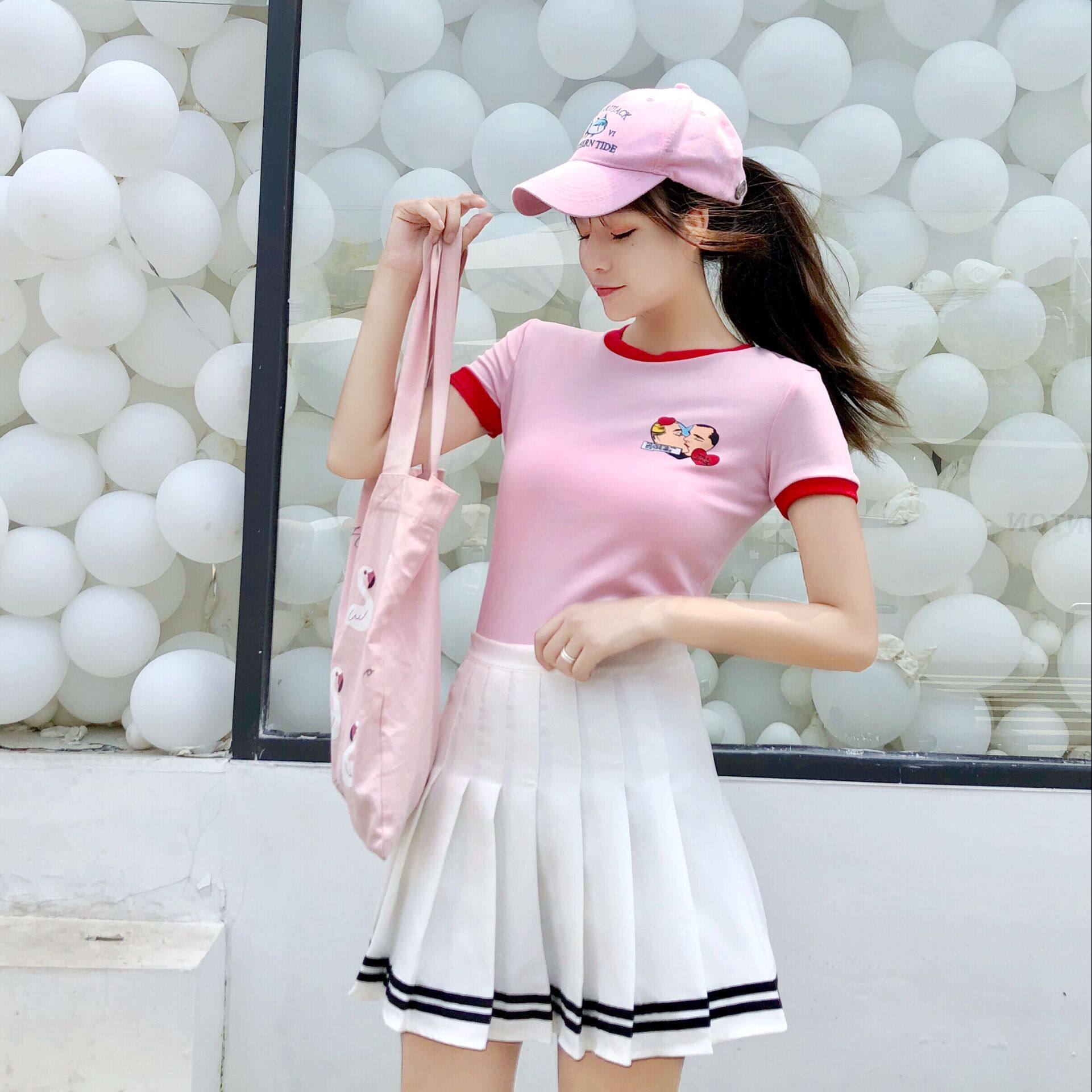 实拍 实价 短款卡通印花t恤 高腰显瘦百褶裙