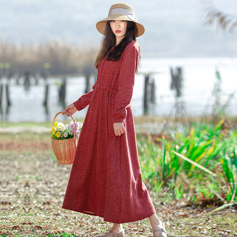 2020春款连衣裙女复古文艺田园风全棉碎花长裙修身显瘦长袖大摆裙