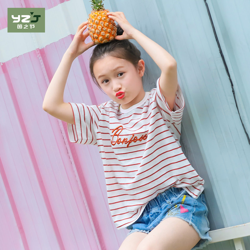 女大童棉打底衫18夏新款韩版百搭12-15岁儿童条纹上衣女童短袖t恤
