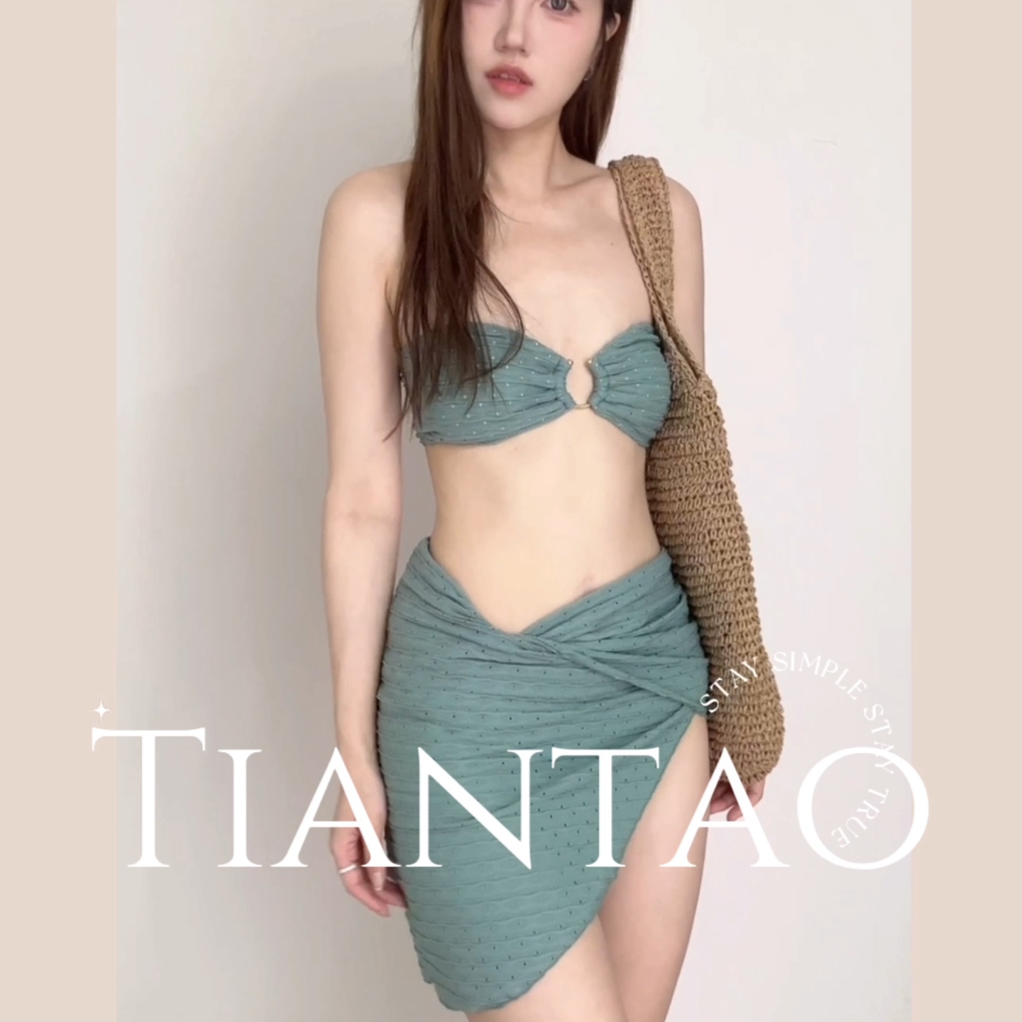 TIANTAO性感军绿色高级感度假抹胸泰国分体泳衣BIKINI三件套女士