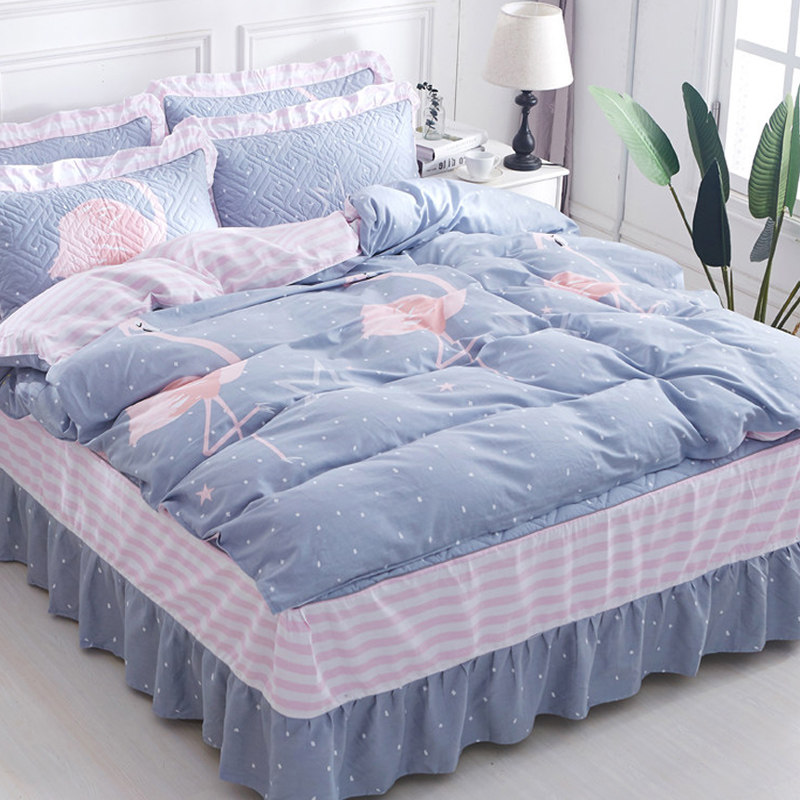 纯棉夹棉床裙式四件套床上用品100%全棉带床套被套床单被罩床罩款