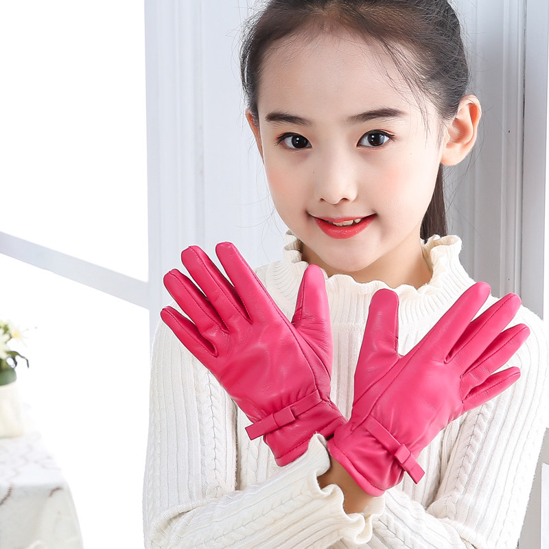 儿童手套秋冬季天宝宝女孩女童滑雪保暖真皮五指防水公主可爱保暖
