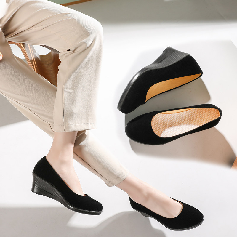 工作鞋女春秋新款坡跟职业夏季上班工装酒店黑色老北京布鞋单鞋子