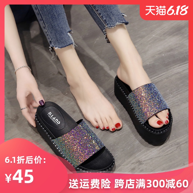 拖鞋女外穿2019夏季新款厚底松糕亮片沙滩凉拖网红增高ins潮2020在类目 女鞋, 拖鞋, 一字拖中 - 来自Buy2taobao.com提供专业的淘宝代购服务