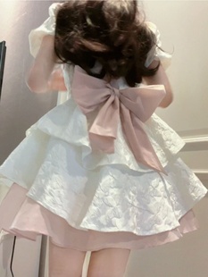 法式白色蝴蝶结连衣裙女夏季高级感气质公主蓬蓬裙收腰小个子短裙