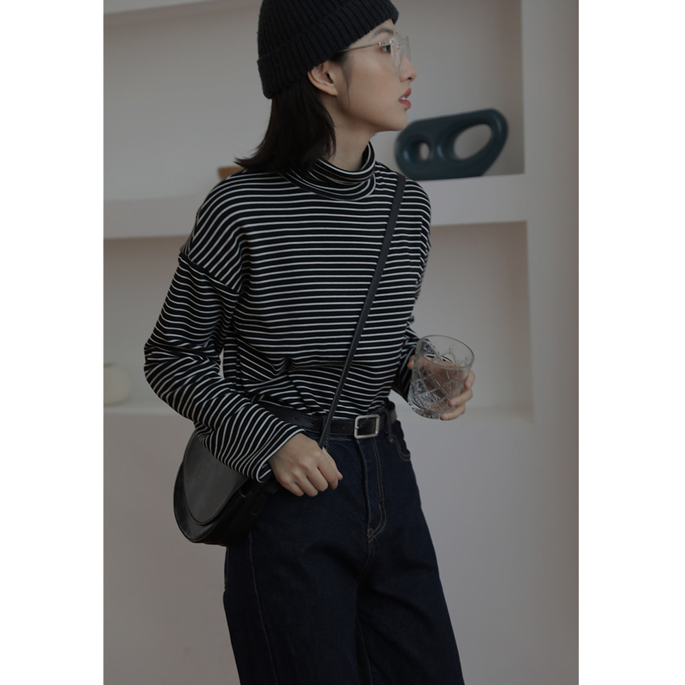 2021秋冬新款百搭堆堆领条纹打底衫