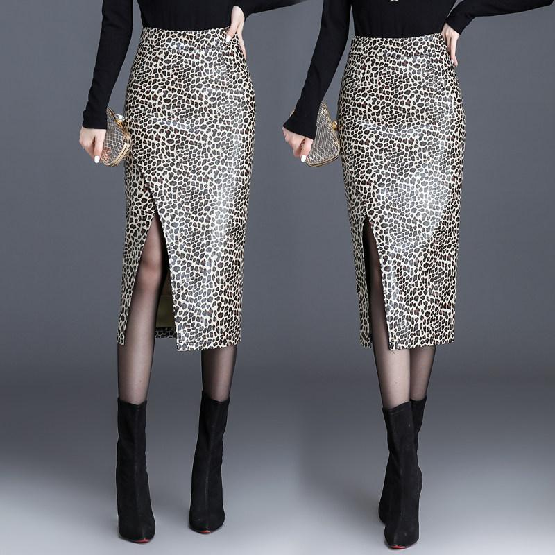 豹纹皮裙女2021新款秋冬显瘦包臀裙中长款半身裙开叉高腰一步长裙