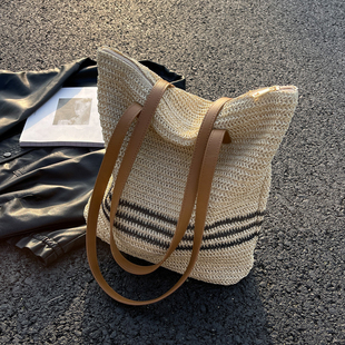 法式编织包女包大容量托特包新款沙滩度假包夏季草编包休闲单肩包