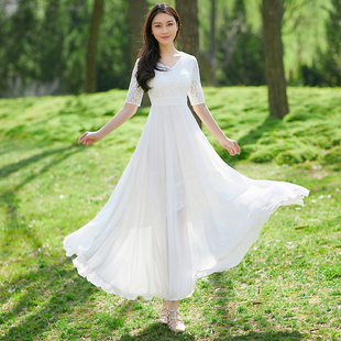 v领2024新款时尚气质白色蕾丝长裙长款大摆雪纺连衣裙法式