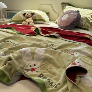 A类卡通绿色小兔夏季薄款纯棉四层纱布毛巾被夏天儿童午睡毯毛毯