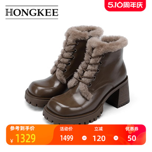 Hongkee/红科短靴女圆头粗跟高跟时尚女靴牛皮系带时装靴H073S406