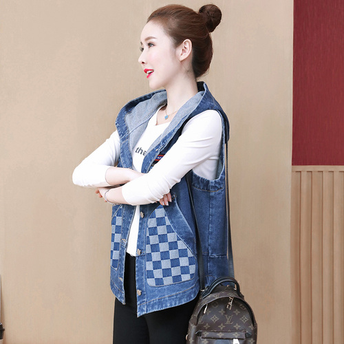 马甲女春秋牛仔马夹中老年女装秋冬妈妈连帽短款坎肩上衣外套,女装