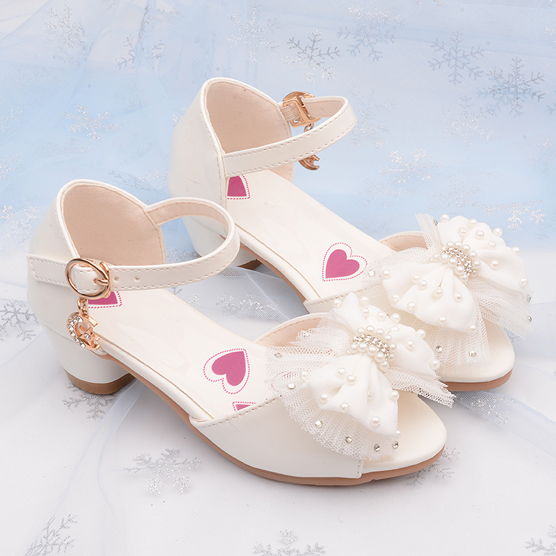 女童小孩凉鞋韩版蝴蝶结鱼嘴凉皮鞋白色女宝高跟儿童鞋小朋友夏鞋