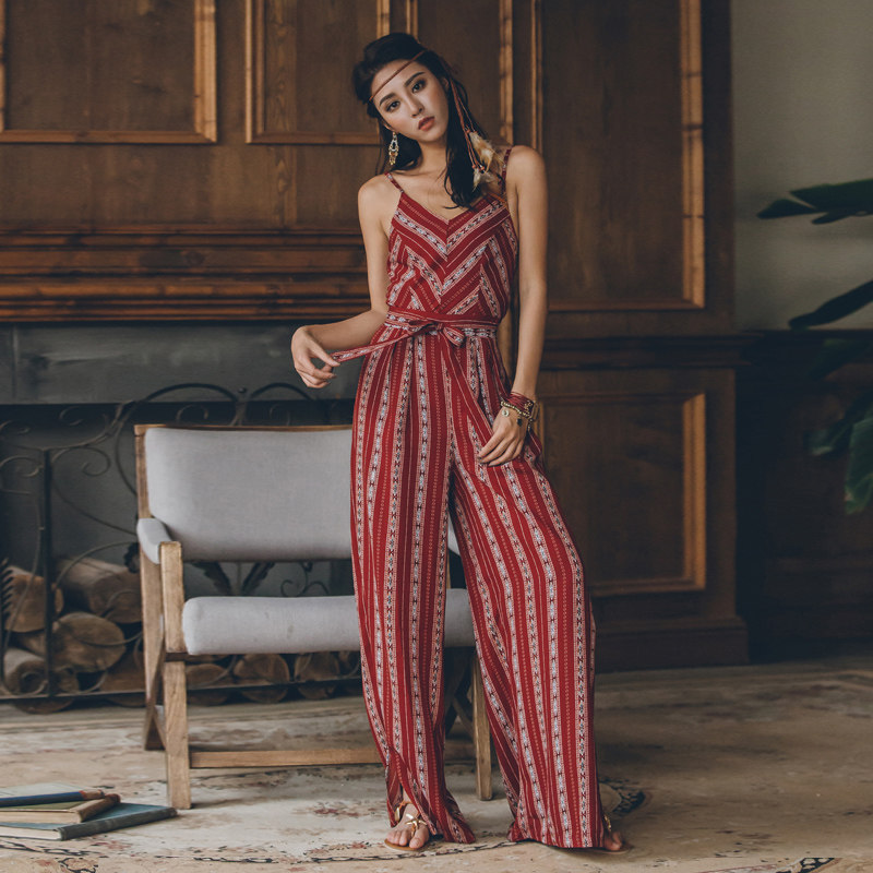 海边度假沙滩裤女夏连衣裙裤长裤阔腿裤波西米亚长裤条纹沙滩裙裤