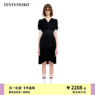 IIIVIVINIKO“日本进口雪纺缎料”泡泡袖百褶连衣裙女M310604139A