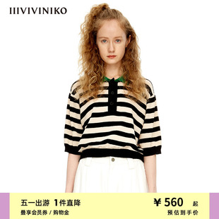 IIIVIVINIKO夏季新品条纹撞色短袖套头针织衫女R230190673A