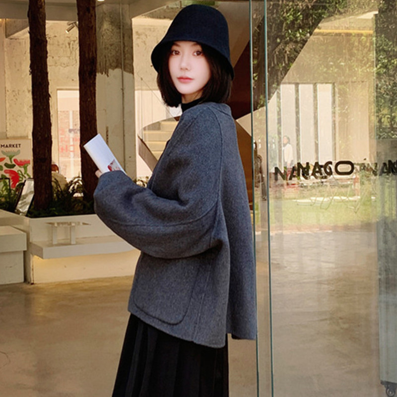 时尚双面呢大衣女2023新款小个子短款韩版宽松显瘦羊毛呢外套秋冬