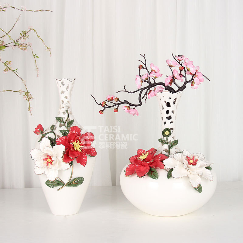 新中式镂空陶瓷花瓶摆件插花立体花创意客厅餐桌面家居装饰品花器