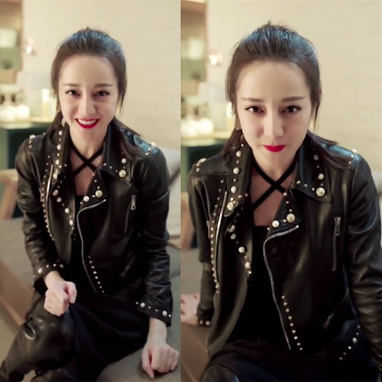 迪丽热巴明星同款皮衣2018曲筱绡秋新款机车皮夹克真皮外套女短款