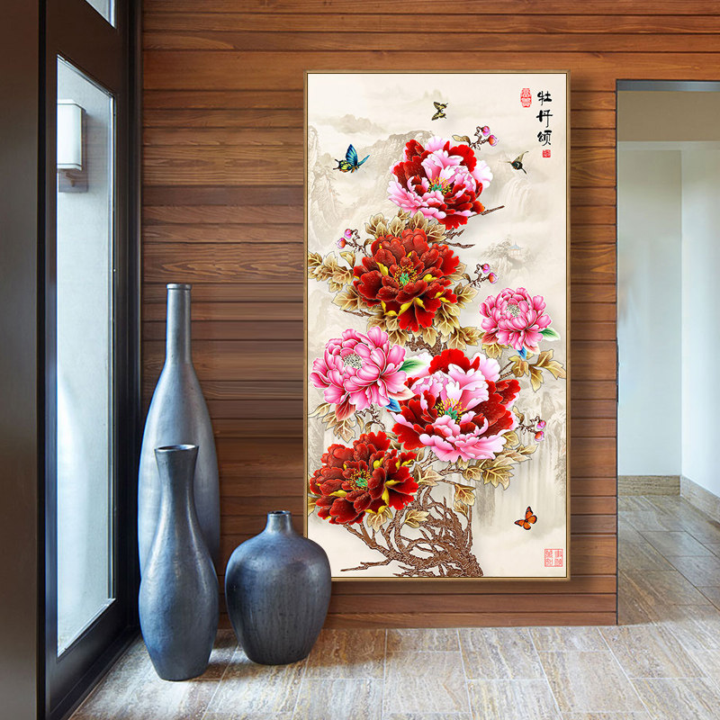 蒙娜丽莎十字绣2019新款牡丹颂竖版玄关客厅花开富贵手工自己线绣