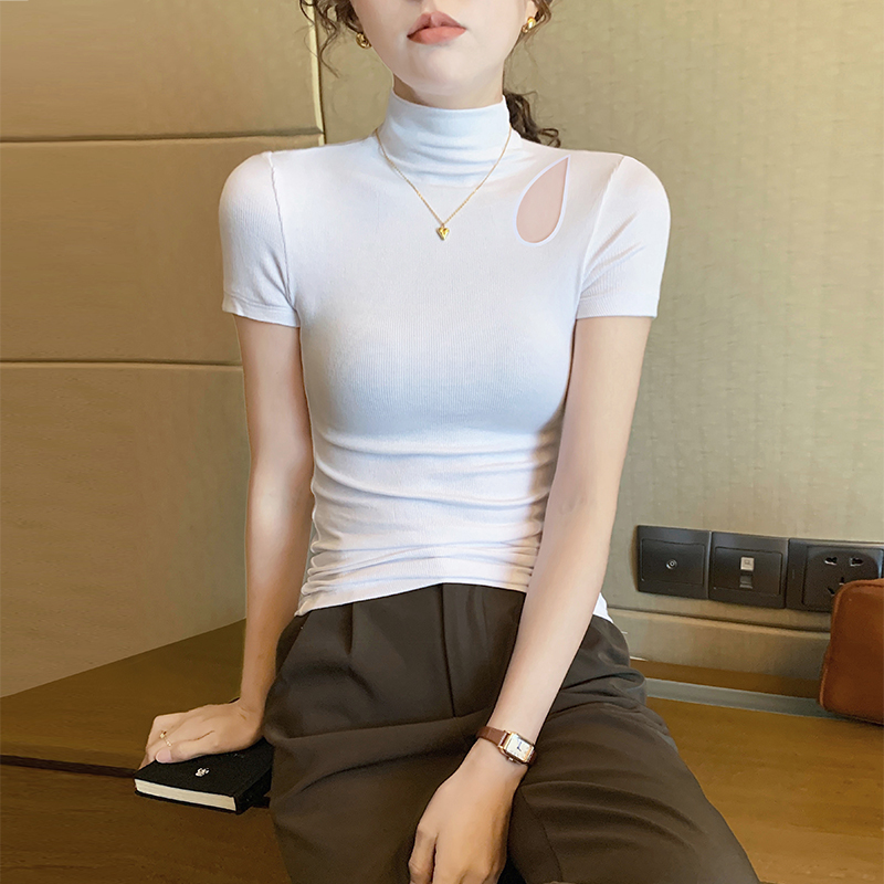 白色半高领短袖t恤女夏秋季设计感修身镂空螺纹针织紧身正肩上衣