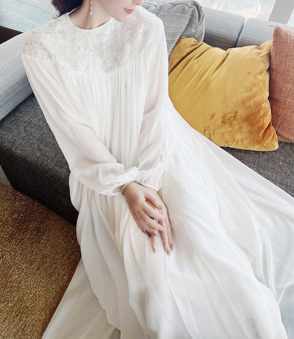 绝美白天鹅精致优雅白色真丝连衣裙重工大摆春季仙女裙22新款