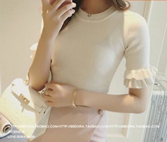 新款毛针织衫女韩版修身纯色圆领毛衣木耳边短袖百搭上衣