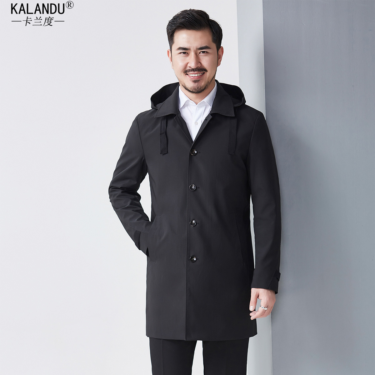 卡兰度可摘帽子男夹克男款春秋父亲翻领外套休闲开叉风衣中长款薄