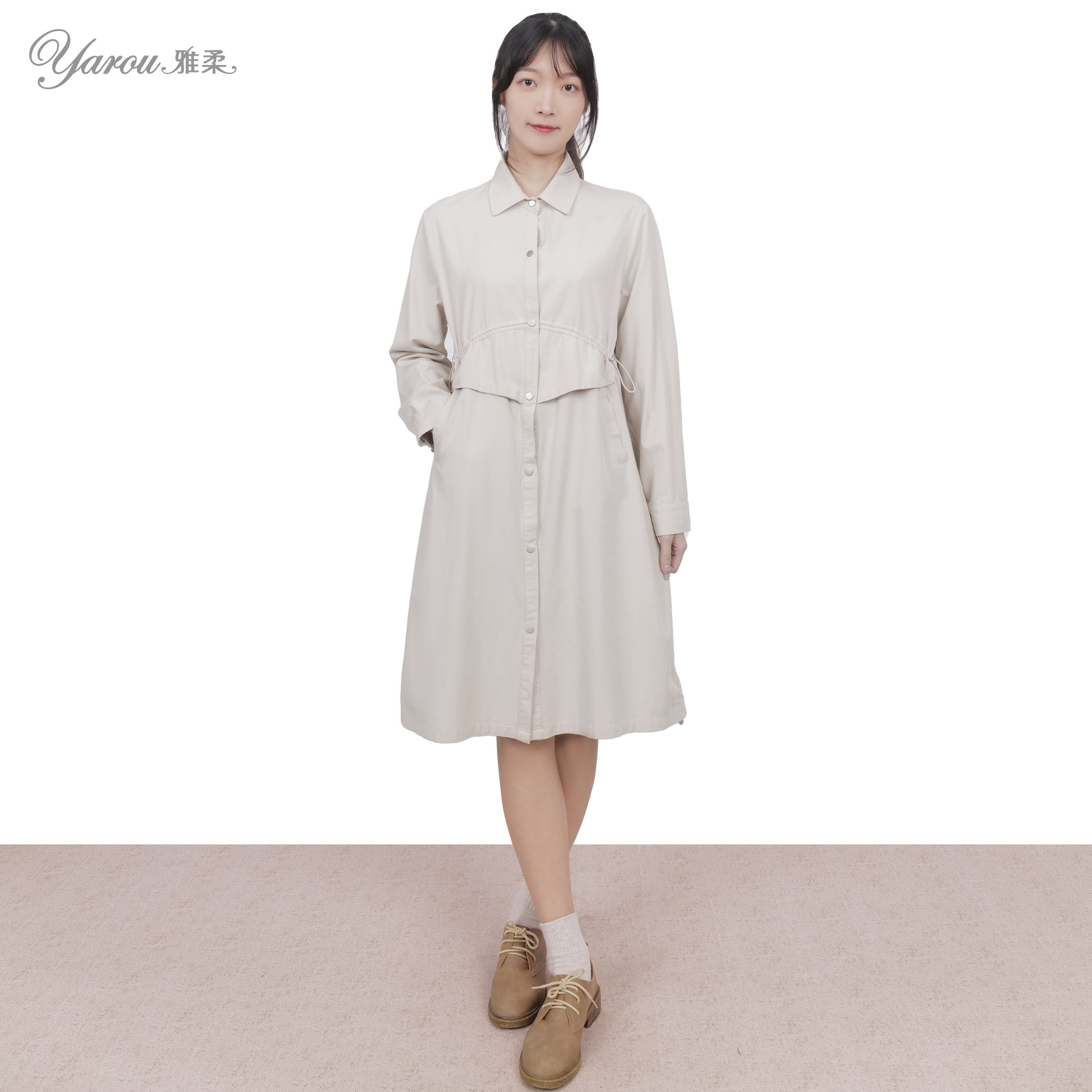 雅柔2022春秋新款韩版简约气质中长款长袖收腰衬衫领风衣连衣裙女