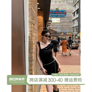 JOEYJOY酒一 辣妹黑色斜领短袖T恤女夏2024新款短款修身上衣夏季